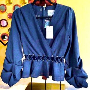 NWT J.O.A. RUFFLED SLEEVE CUT OUT WAIST BLOUSE S